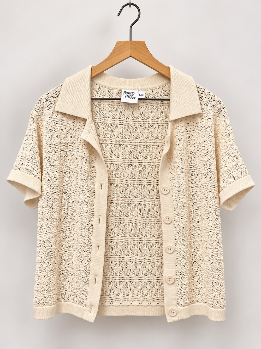Princess Polly Cream Crochet Button-Front Short Sleeve Cardigan Top (405)